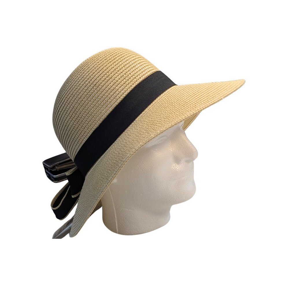 Tahari Straw Sun Hat Black Ribbon Back Bow NWT One Size - Picture 3 of 7